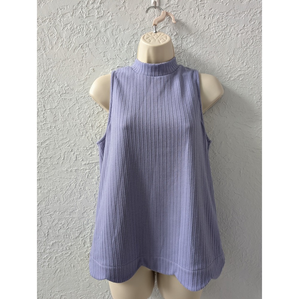 RO & DE Ribbed Mock Neck Tank Top Womens Medium Purple Scalloped Hem Sleeveless